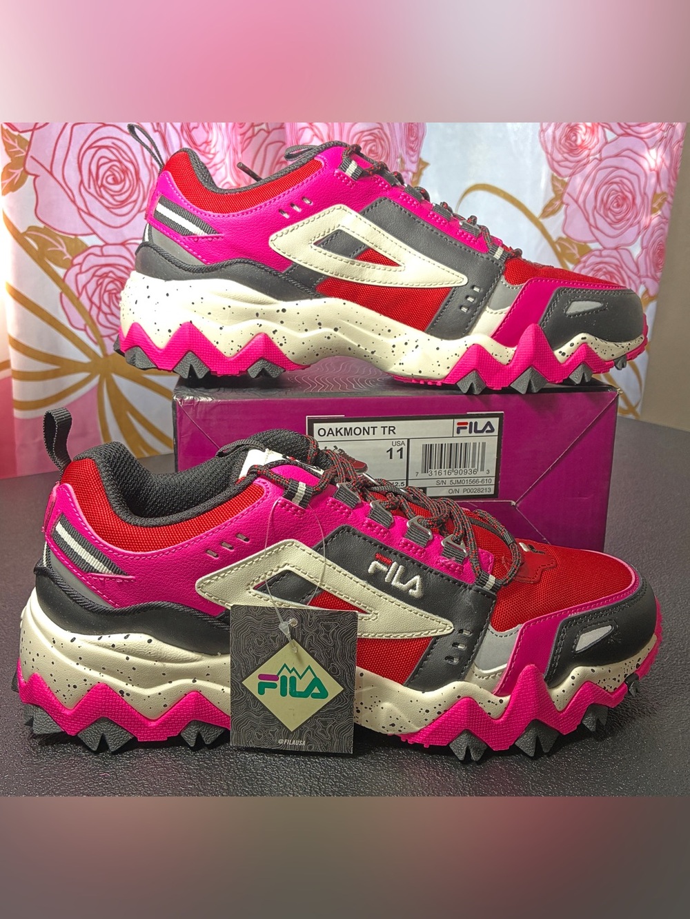 FILA Women’s Oakmont Trail Sneakers in Red, Pink and Black